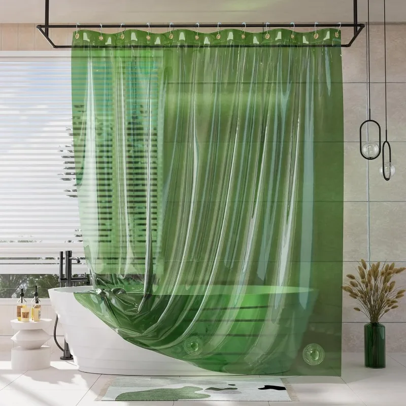 

Soft Clear Green Heavy Duty Shower Curtain and Liner 2-in-1, 72x72 Luxury Plastic, 12 Rustproof Grommets & 3 Heavyweight Stones