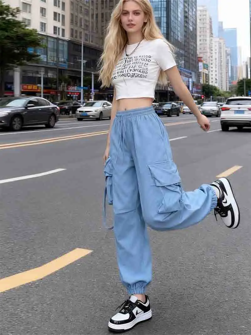 Pantalon Cargo pour femmes, vêtements de rue, automne, élasticité en Polyester, bicouche, trois-quarts, taille moyenne, revers, taille haute, Hipster cintré