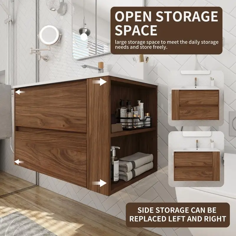 حوض استحمام مثبت على الحائط مقاس 30 بوصة مع حوض جل ودرج إغلاق ناعم