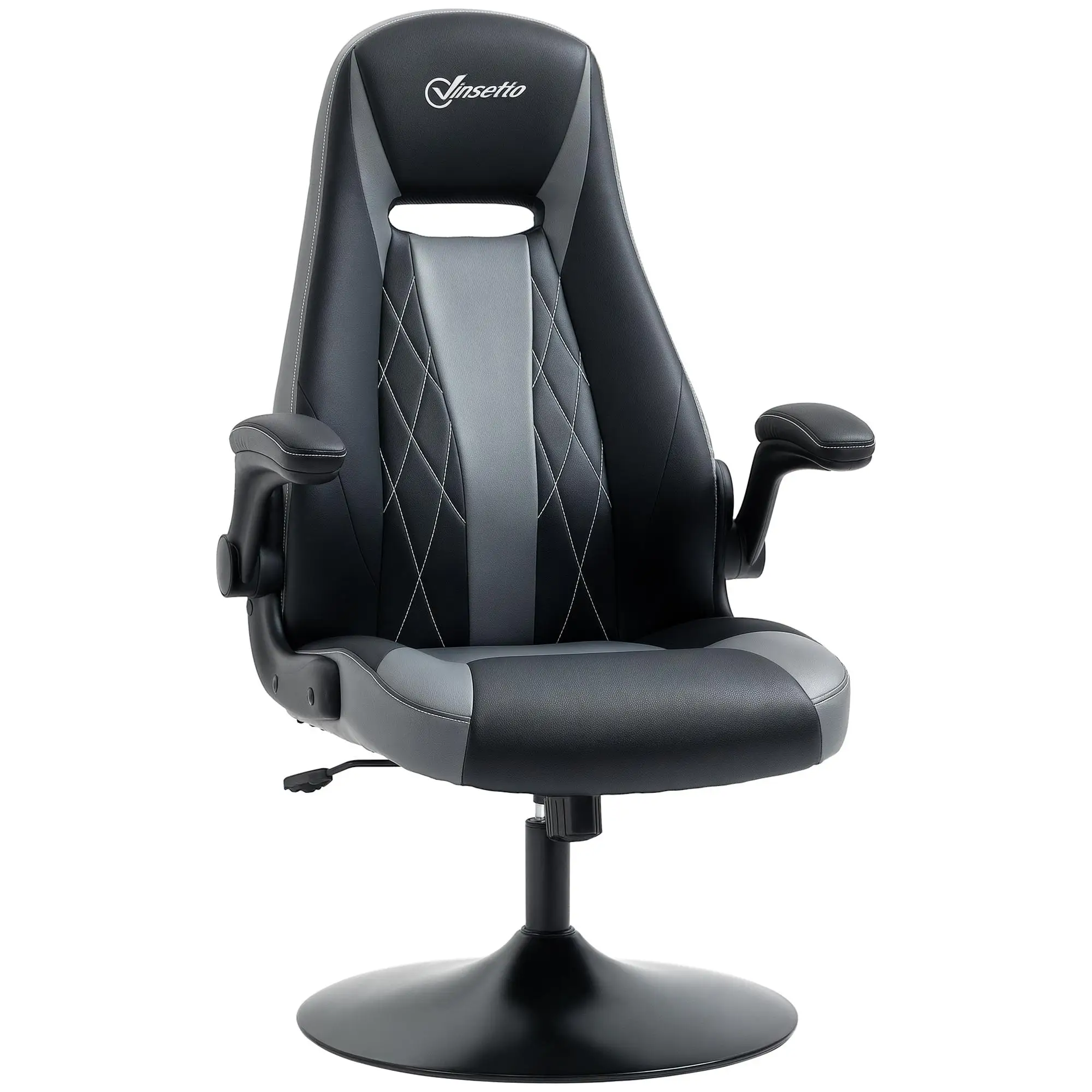Chaise de jeu ergonomique avec revêtement en cuir PU 360 °   Coussin de tête réglable en hauteur sur base rotative et accoudoirs rabattables Noir-Gris