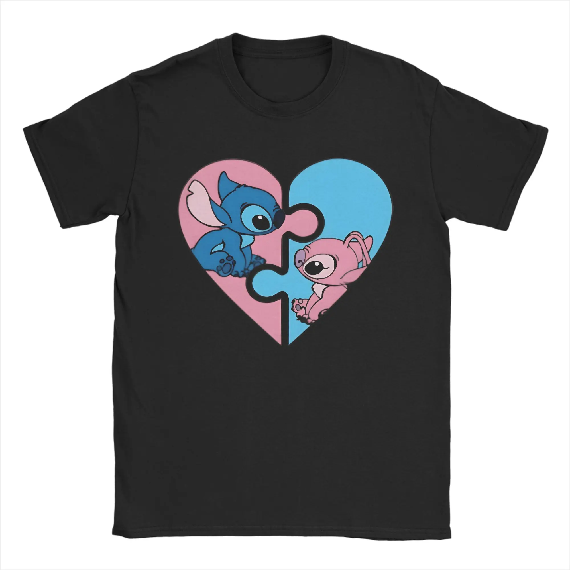 Men Cute Alien Couple Puzzle Heart Clipart Valentine Love T Shirt  Pure Cotton Tops Vintage Short Sleeve Crewneck Tees Gift Idea