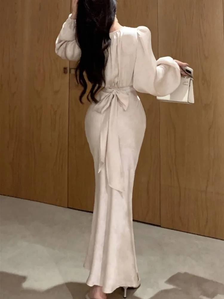 Robe mi-longue imprimée moulante pour femmes, élégante, manches lanternes, col en v, à lacets, style sirène, Robe de soirée, automne