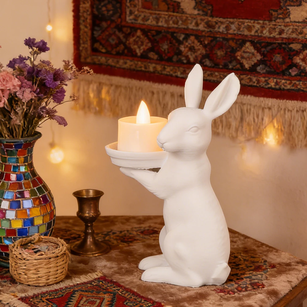 Grenzüberschreitende weiße Kaninchen-Kerzenständer in Tablettform für Heilungsstil, Heim-Desktop-Dekoration, Szenario