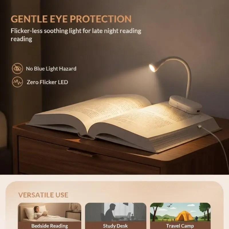 Portable Clip LED Reading Light USB Rechargeable Book Light Clip-on Bed Light Stepless Dimmable Eye Protection Lamp