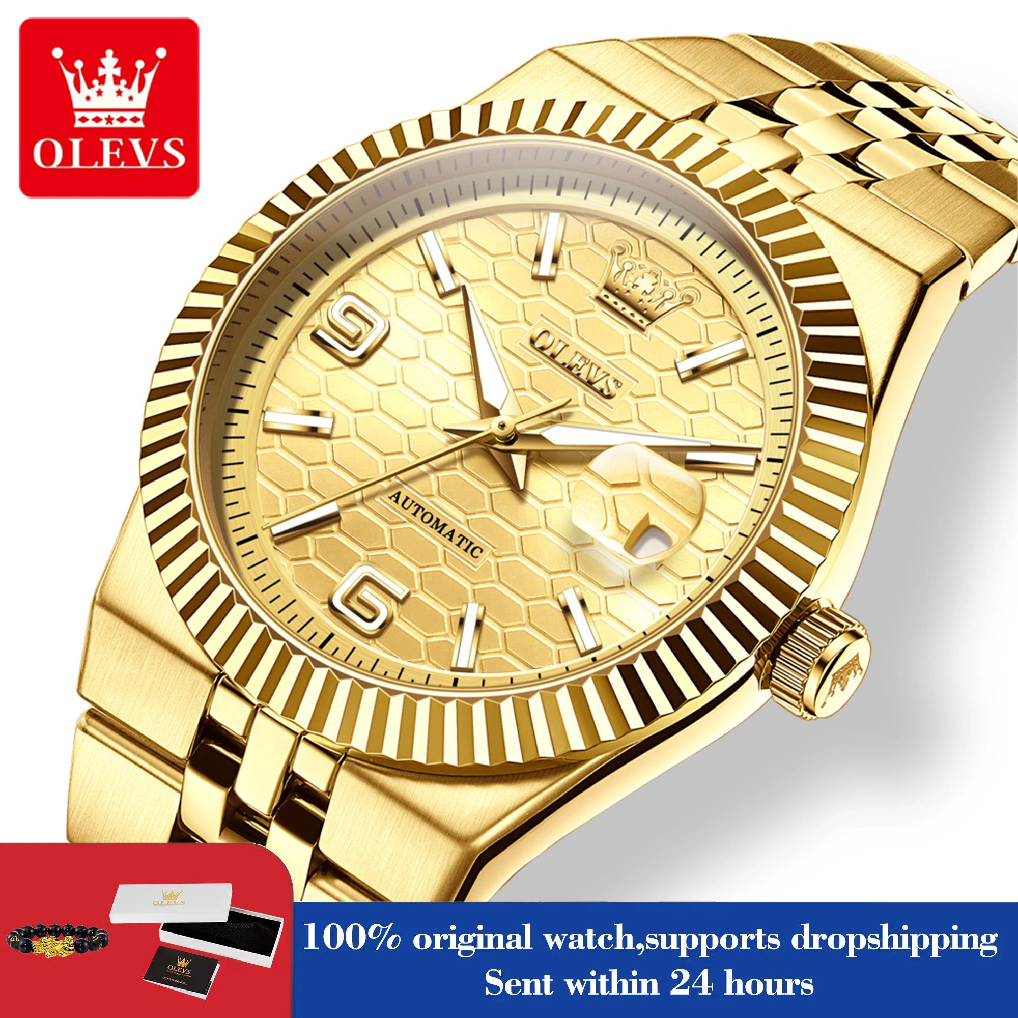 

Мужские часы OLEVS 7105, оригинальные, роскошные, автоматические, механические, из нержавеющей стали, водонепроницаемые, с люминесцентным покрытием, с указателем даты, в подарочной коробке.