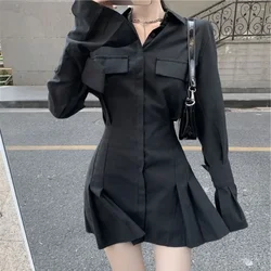 Flare Sleeve Elegant Black Shirts Sexy Slim Waist Folds Skirts Women Chemises Femme Korean Dresses Camisas Y2k High Street