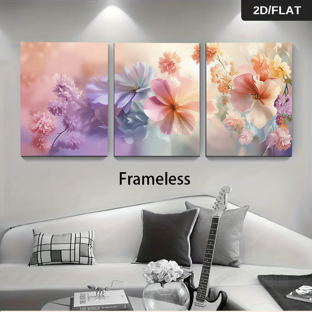 1 set of dreamy floral triptych pastel flower wall hangings, beautiful 2D flat design
