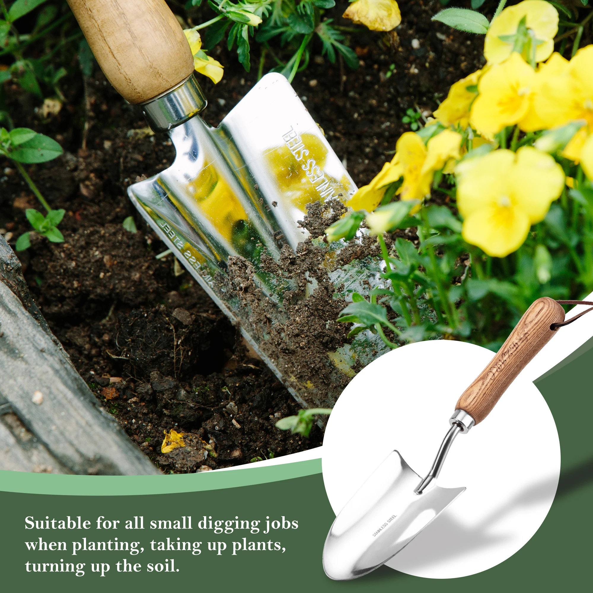 Spatola da giardino EZARC, pala a mano in acciaio inossidabile per giardinaggio, vanga da giardino con manico in legno per il trapianto