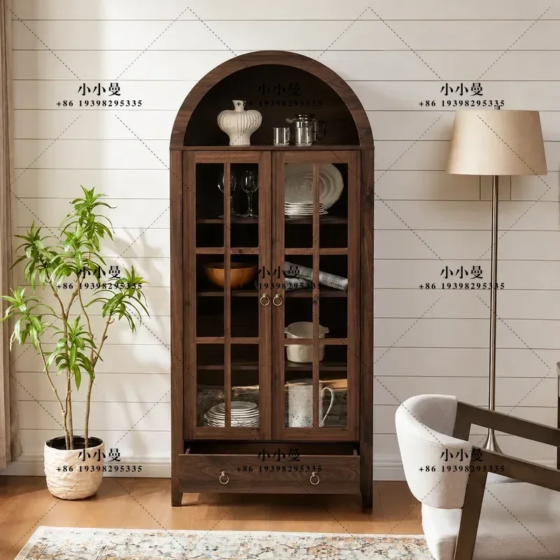 Retro Solid Wood Bookcase Antique Style Living Room Display Glass Wine Cabinet American Light Luxury Arched Dining Side