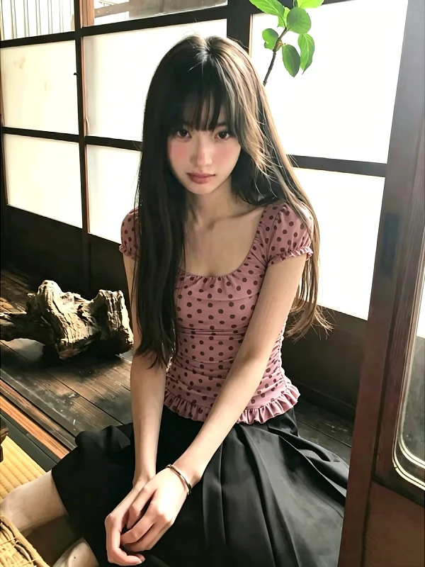French Style Women's T-shirt Gathered Bubble Sleeve Polka Dot Soft Style Square Collar Top plus Size Slim Fit Summer Casual
