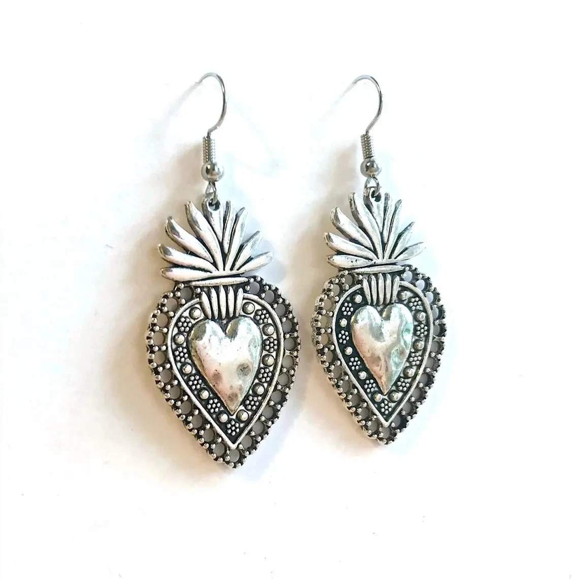 Mexican Sacred Heart Earrings, Milagro Dangle, Large and Silver Plated Charm, Gifts for Women