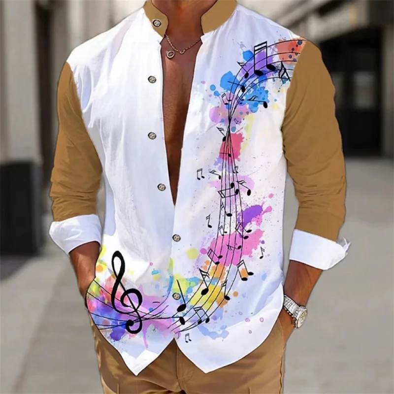 Men\'s shirt long-sleeved fashion cardigan music notes shirt Hawaiian 3D printed shirt XS-6XL super large size shirt comfortable