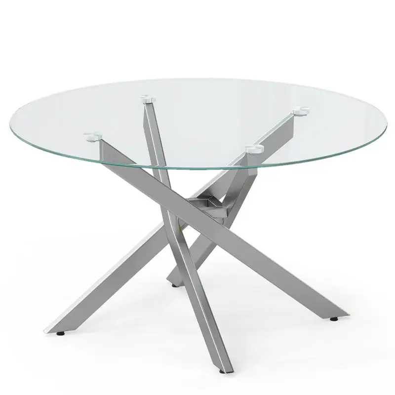 

Glass Coffee Table Round Clear Center Table with Tempered Glass Top-Silver