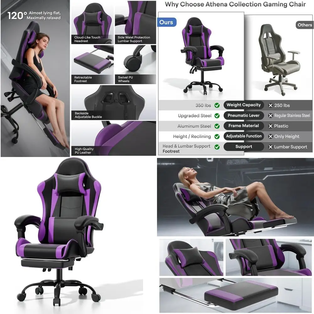 

Purple Ergonomic Gaming Chair with Adjustable Height, Footrest, Headrest, and Lumbar Support for Kids and Adults