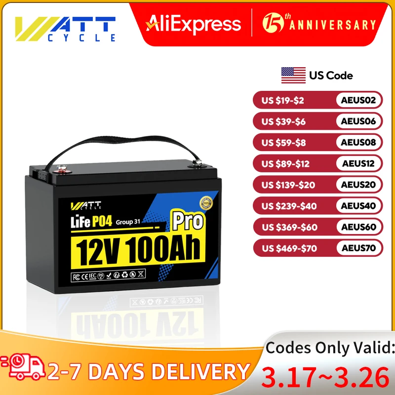 Wattcycle 12V 100Ah PRO Group 31 Size With 110A Smart BMS  High Performance LiFePO4 Battery For Home or Outdoor Power Supply