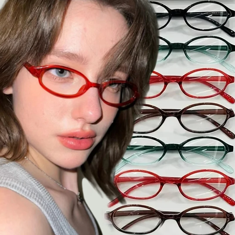 Y2K Women's Retro Oval Glasses Girls Red Green Frame Glass Eyewear Decorative Computer Anti-blue Eyeglasses Seaside Driving