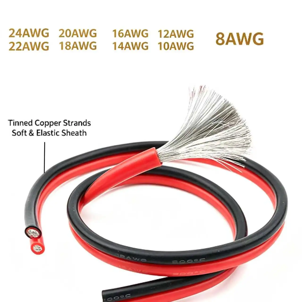 2-pin Soft Silicone Cable Red Black Car Battery Automotive Wiring 24 22 20 18 16 14 12 10 8AWG Tinned copper domestic wire