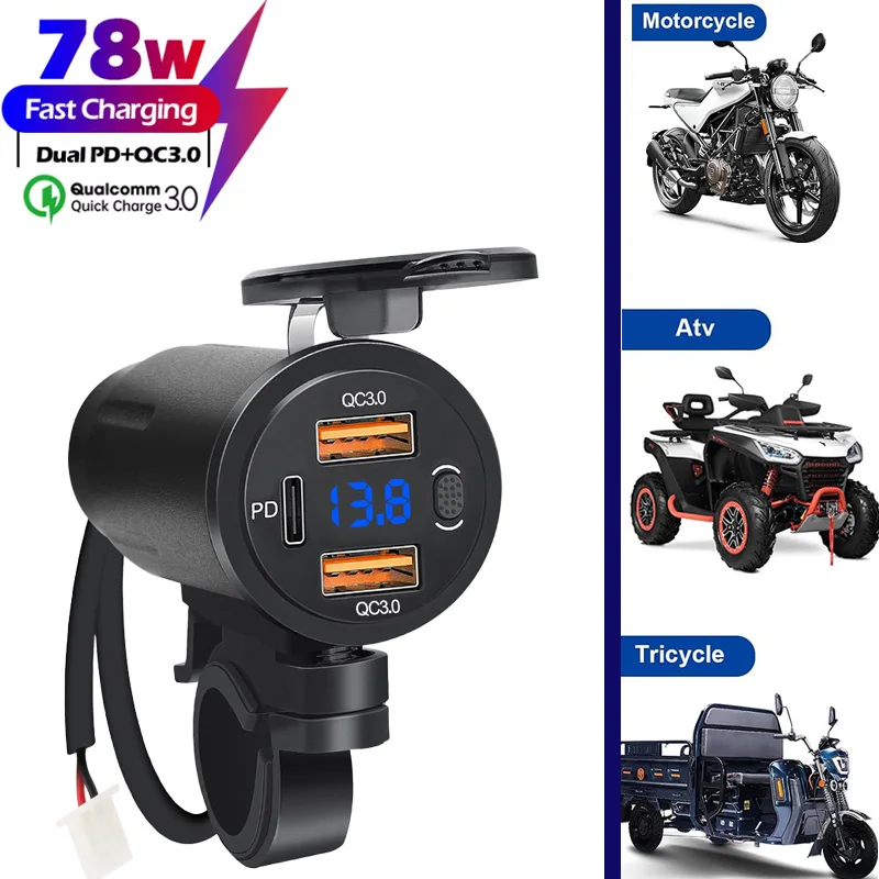 

78 Вт, 3 порта, двойной PD3.0 + QC3.0, USB-разъем для быстрого зарядного устройства для мотоцикла, крепление на руль, водонепроницаемое с вольтметром, цифровая зарядка