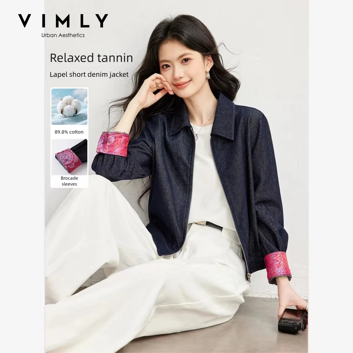 VIMLY Women's Denim Jacket 2026 Autumn Versatile Lapel Zip Color Block Simple Jackets Elegant Fashion Long Sleeve Top A7616