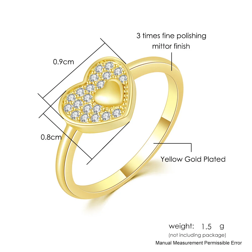 Unique Women\'s Ring Heart Shape Korean Style Micro Inlaid Zircon Delicate Simple Gold Color Wedding Rings Kpop Accessories R763