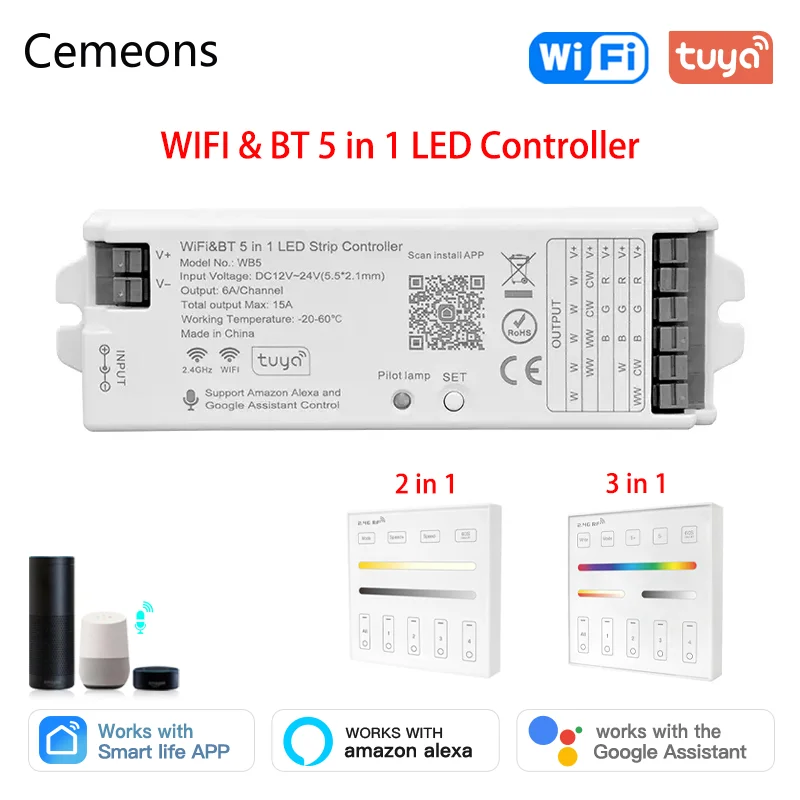 WiFi LED Controller WB5 Smart WiFi BT 5 IN 1 2.4GHz RF RGBCCT Wall Remote Controller For Single RGB RGBW Dual White LED Strip