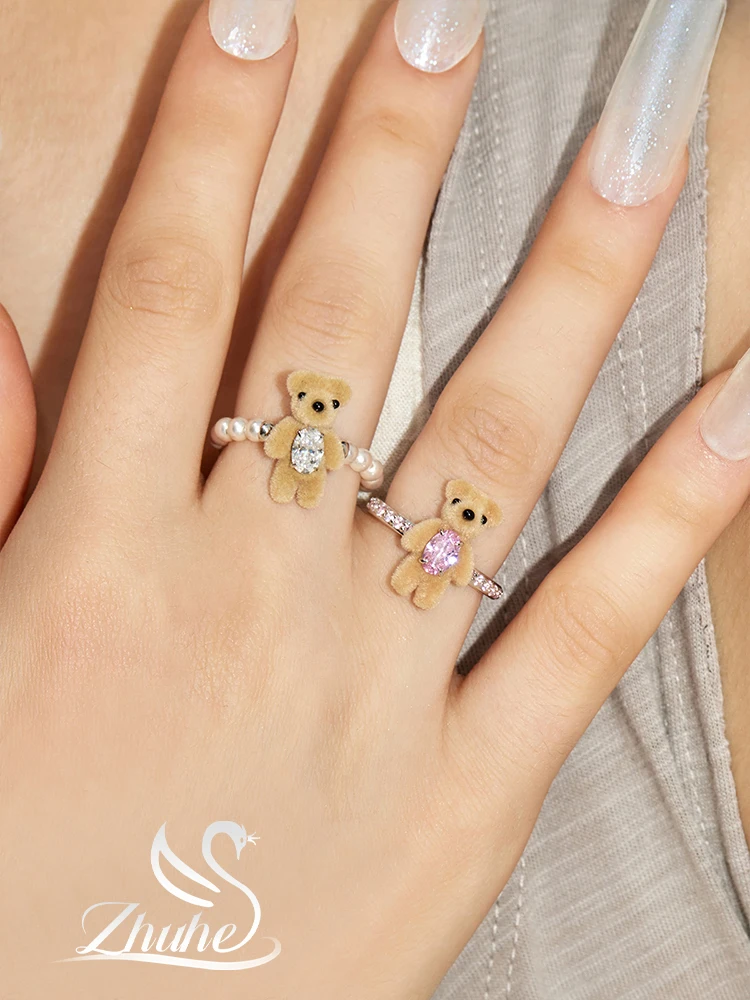 

ZHUHE Flocking Pearl Bear Ring Is A Sweet Romantic Copper Alloy Jewelry Party Gift For Women