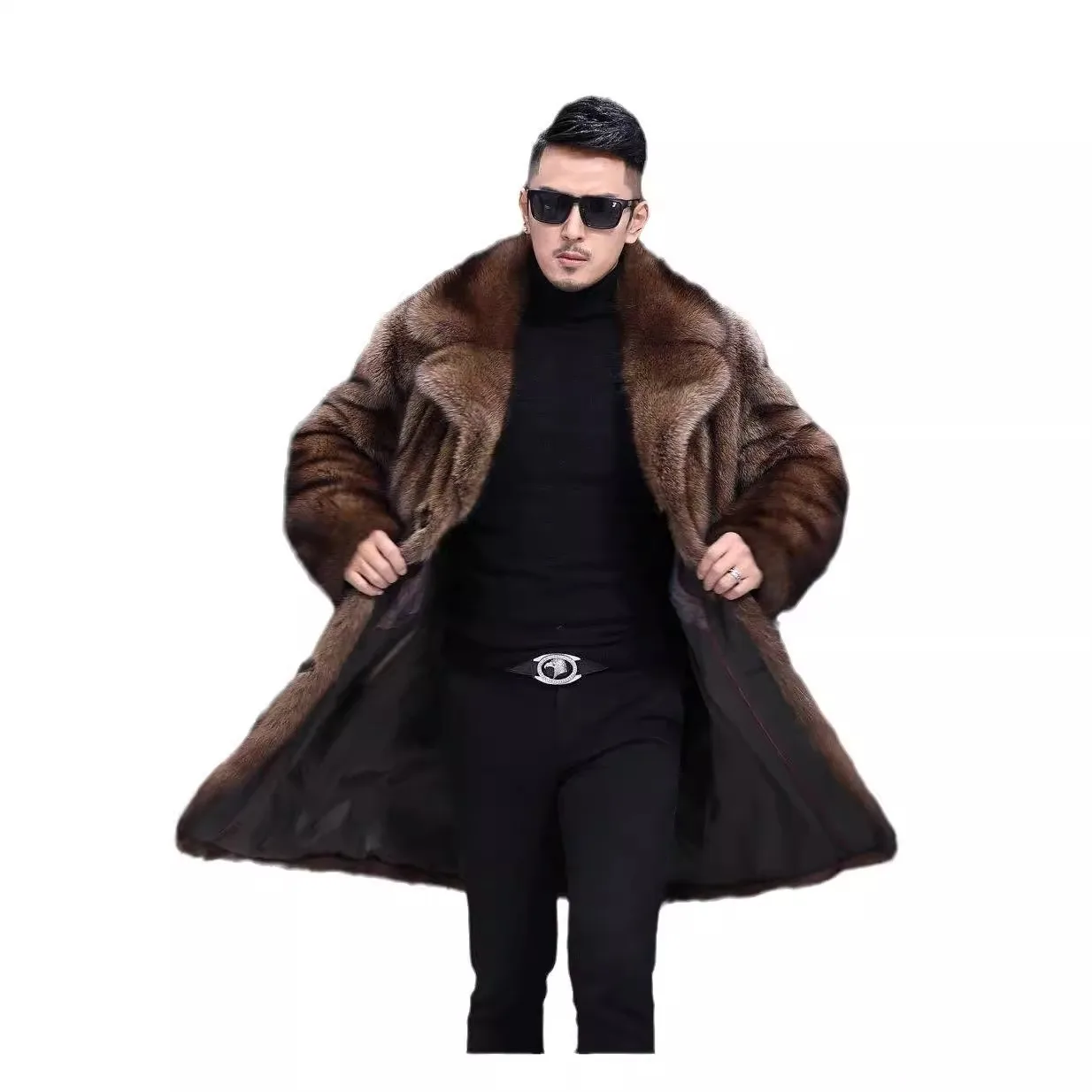طويلة الأكمام فو المنك معطف الرجال المنك كله طويل مقنعين شتاء جديد الرجال سميكة فرو المنك العشب سترة دافئة #4
