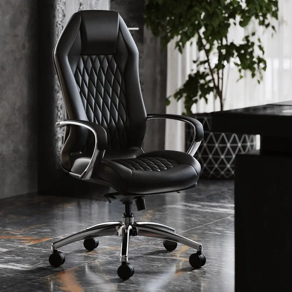 

Desk Chairs, Modern Ergonomic Sterling Genuine Leather Executive Chair with Aluminum Base- Black Office Chair