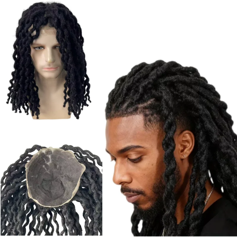 

European Virgin Human Hair Hairpiece #1 Jet Black 16 inches Wave Dreadlocks Swiss Lace Toupee for Black Men