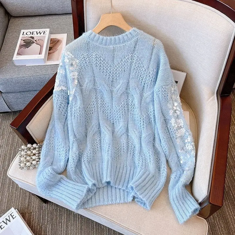 Hollow Out Pullovers Women Spring Autumn Solid Loose Sequin Knitwear Sweet Casual Stylish Japanese Style Soft Sweaters All-match