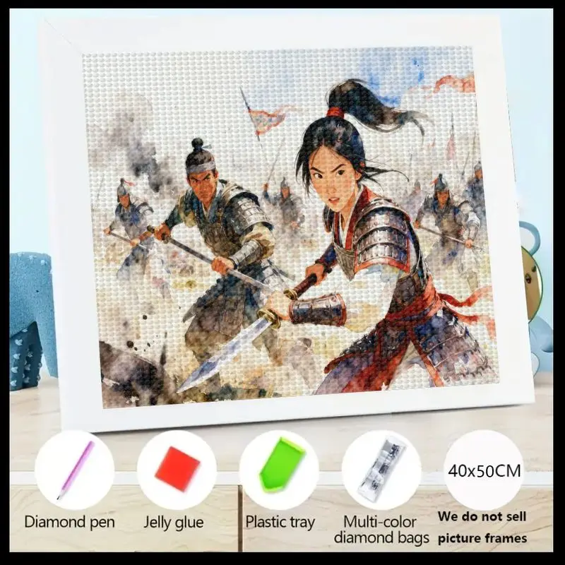 

1 шт. 5D полный дрель алмазного живописи, эпический воин Мулан боевая сцена DIY Art, древняя китайская героиня и солдат, большой драгоценный камень Пай