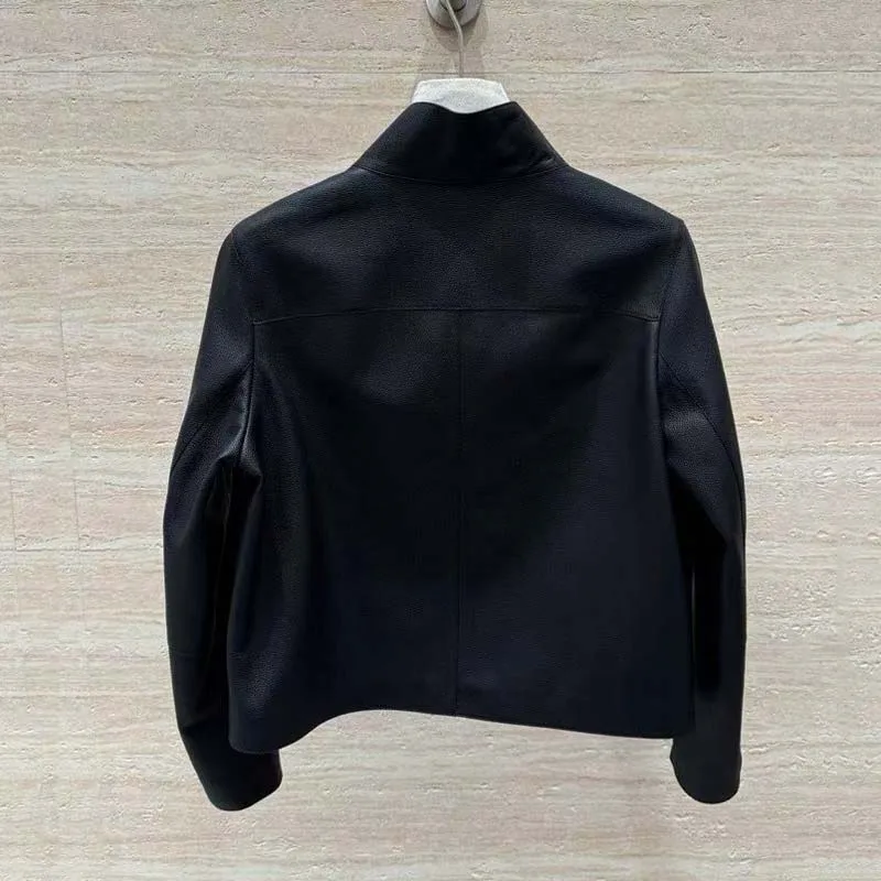 genuine leather jacket short length 2026 new fashion Soft and gentle Lychee-patterned sheepskin grey  black