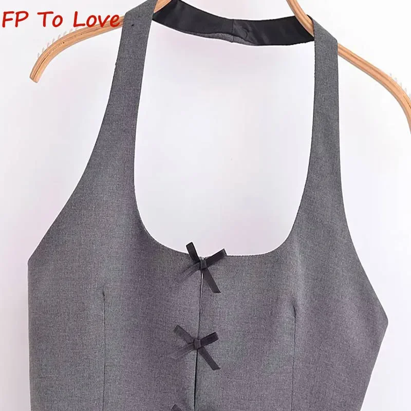 Y2K Grey Sexy Vest Bow Tie Neckline Top PB&ZA Women\'s Streetwear Jacket Vest 9094536