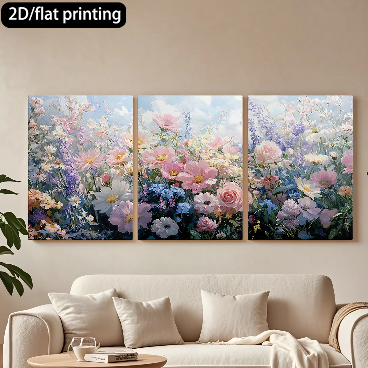 Impresión plana 2D, lienzo decorativo con marco de madera de 3 piezas, hermoso campo de flores coloridas. Decoración para pasillo y dormitorio.