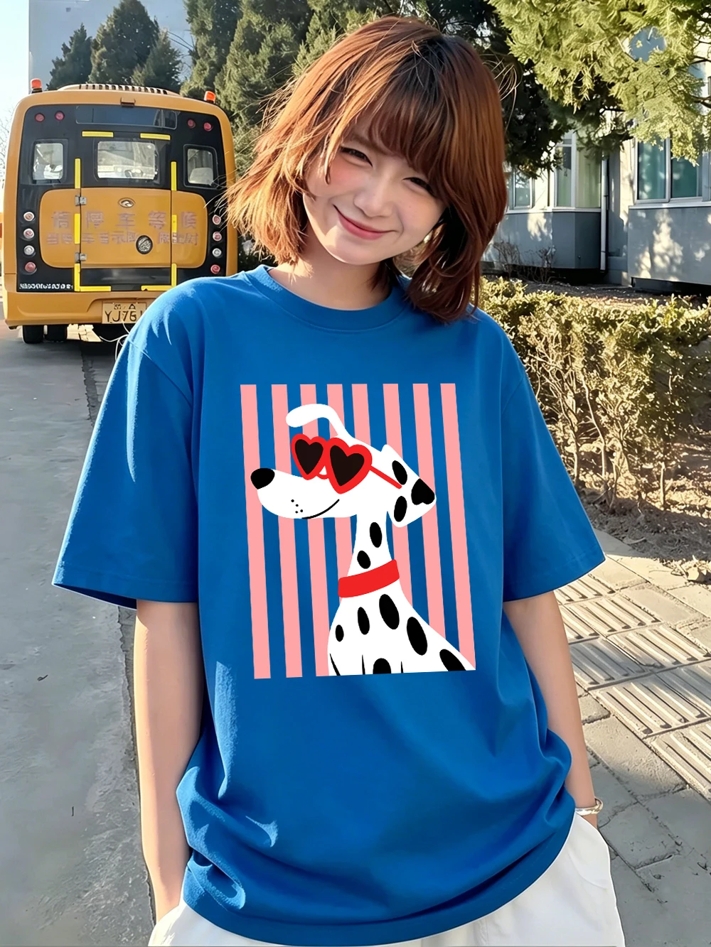Herzförmige Sonnenbrillen Dalmatiner-Hundemotiv T-Shirts Damen Baumwolle Sommer Übergroße Oberteile O-Ausschnitt Kurzarm-T-Shirts Weiche Streetwear – Detail 28