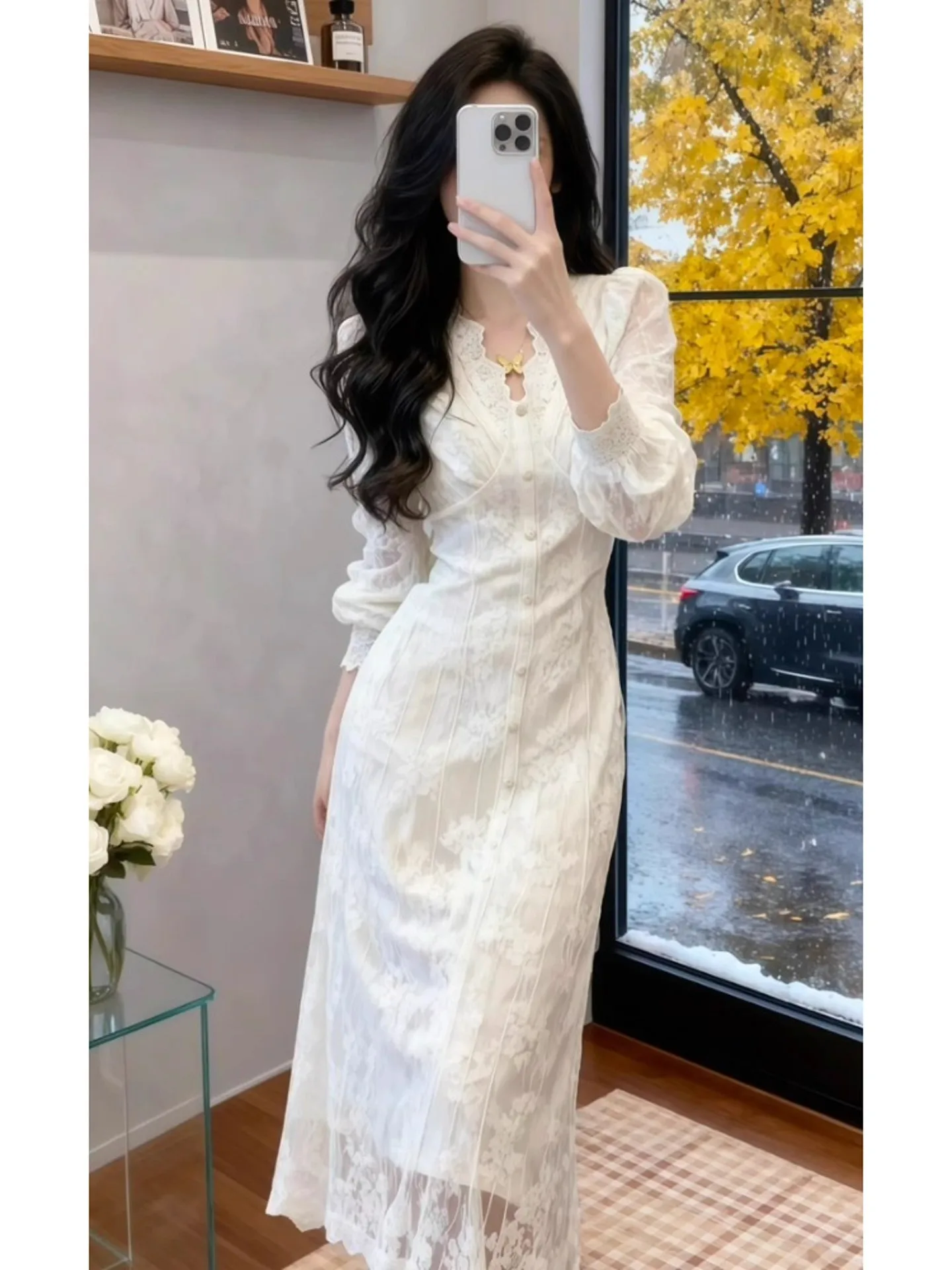 

Elegant White Lace Fashionable Lady Dress Women's Long Sleeve Slimming Waist Long Dress Gentle Wind Style A-Line Skirt