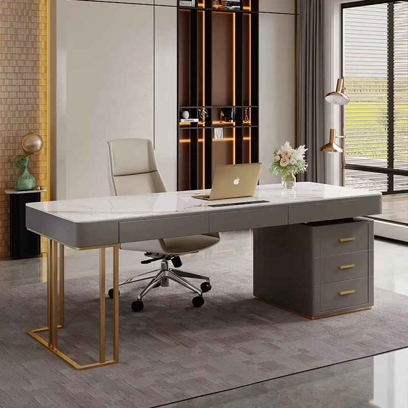 ！@Italian Luxury Rock Slab Desk Durable and Simple Writing Desk with Bookshelf for Home Office Computer Desk Chair