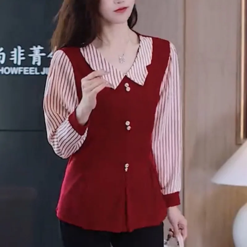 Women Korean Fashion Striped Patchwork Blouse Elegant Long Sleeve Slim Shirt Spring Autumn Casual Commute Tops Blusas Para Mujer