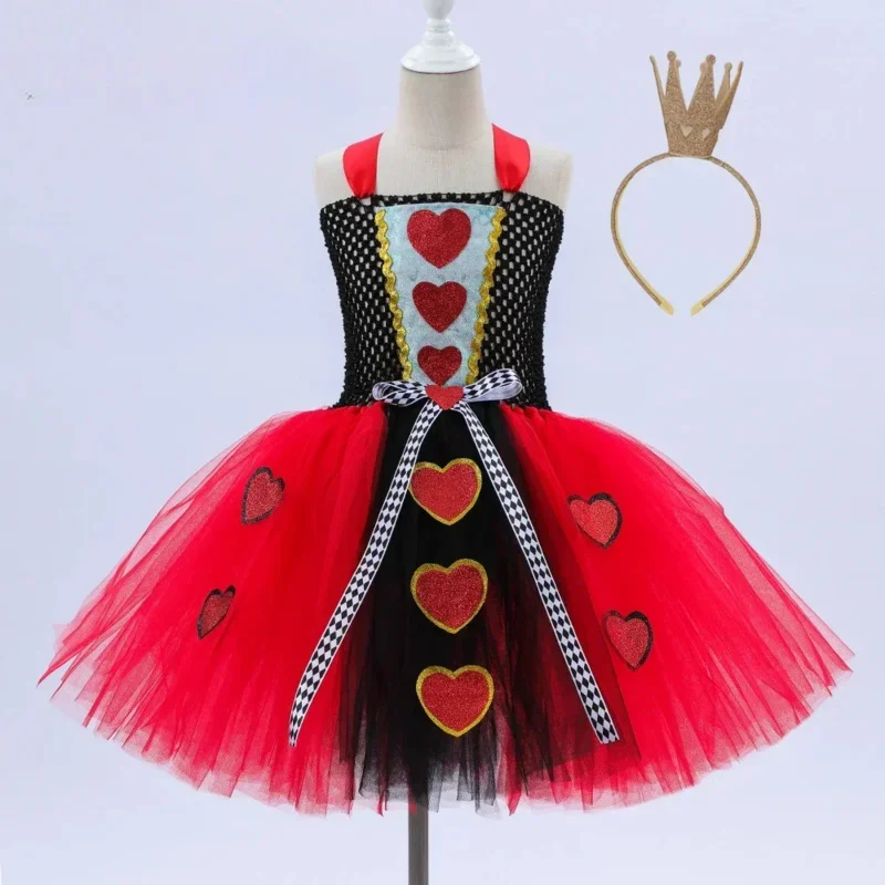 Костюмы-пачки красной королевы сердец для девочек, нарядное платье Алисы в стране чудес, детский карнавальный наряд на Хэллоуин с короной, волшебная палочка