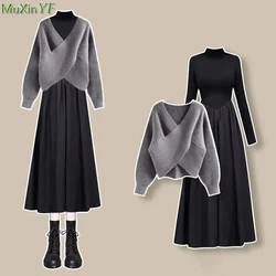 New Women Graceful Balck Slim Dress Cross Sweater 1 or Two Piece Set 2024 New Spring Autumn Lady Knit Crop Tops Dresses Outfits