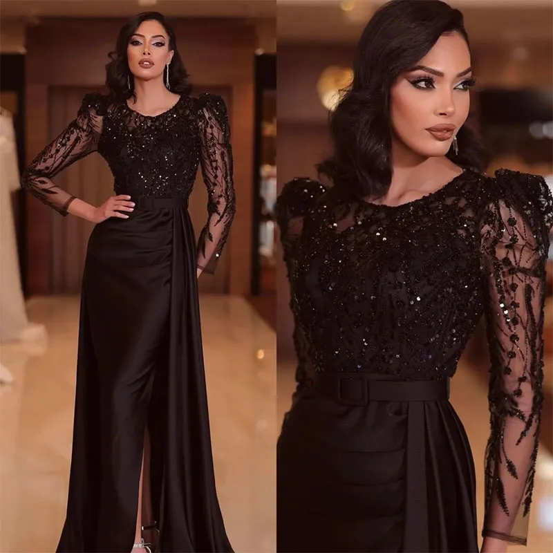 Elegante vestido de noche de línea A negro, Mangas de ilusión, vestidos de fiesta de graduación, largo hasta el suelo, Formal, para ocasiones especiales