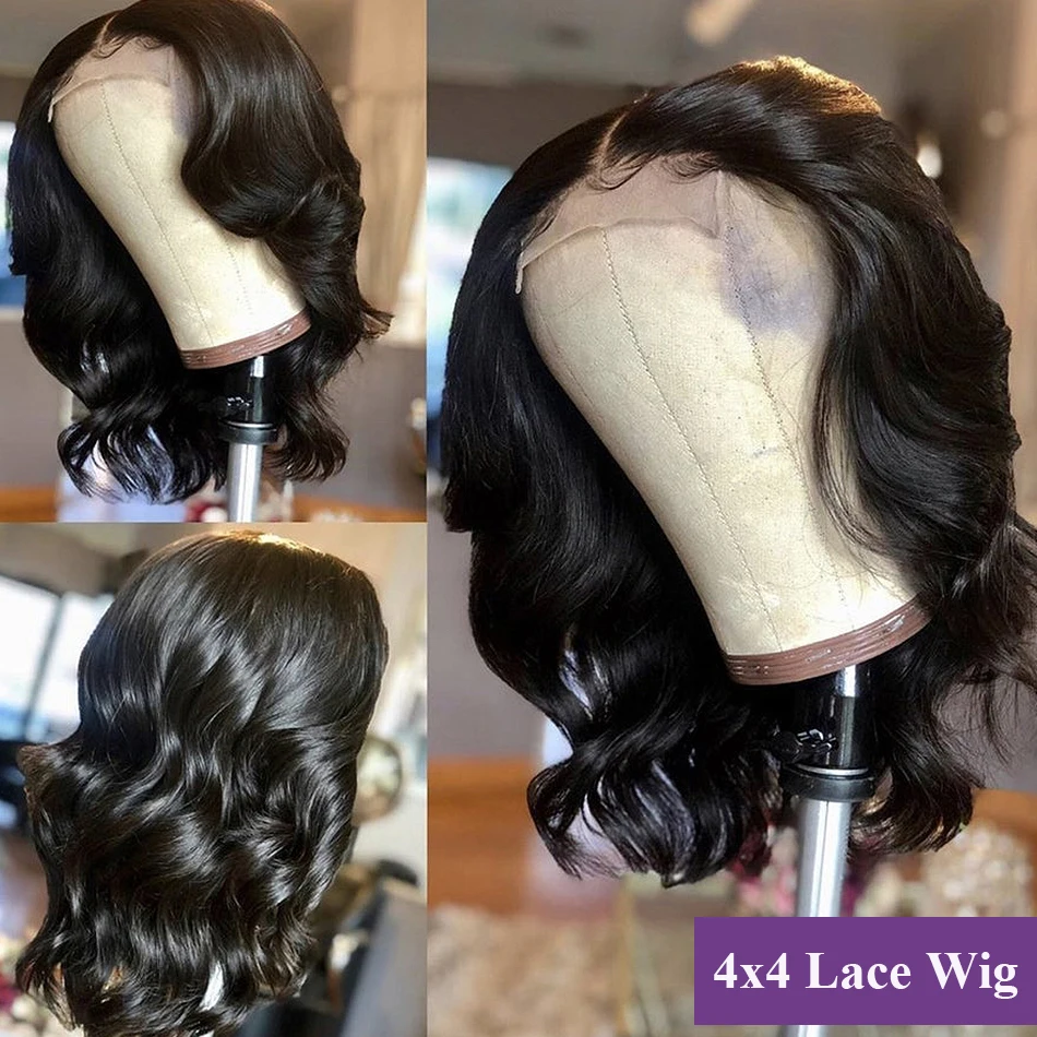 Loose Wave Curto Bob Peruca de Cabelo Humano, Lace Frontal Encerramento, Pré Arrancado, 180 Densidade, 4x4, 4x4