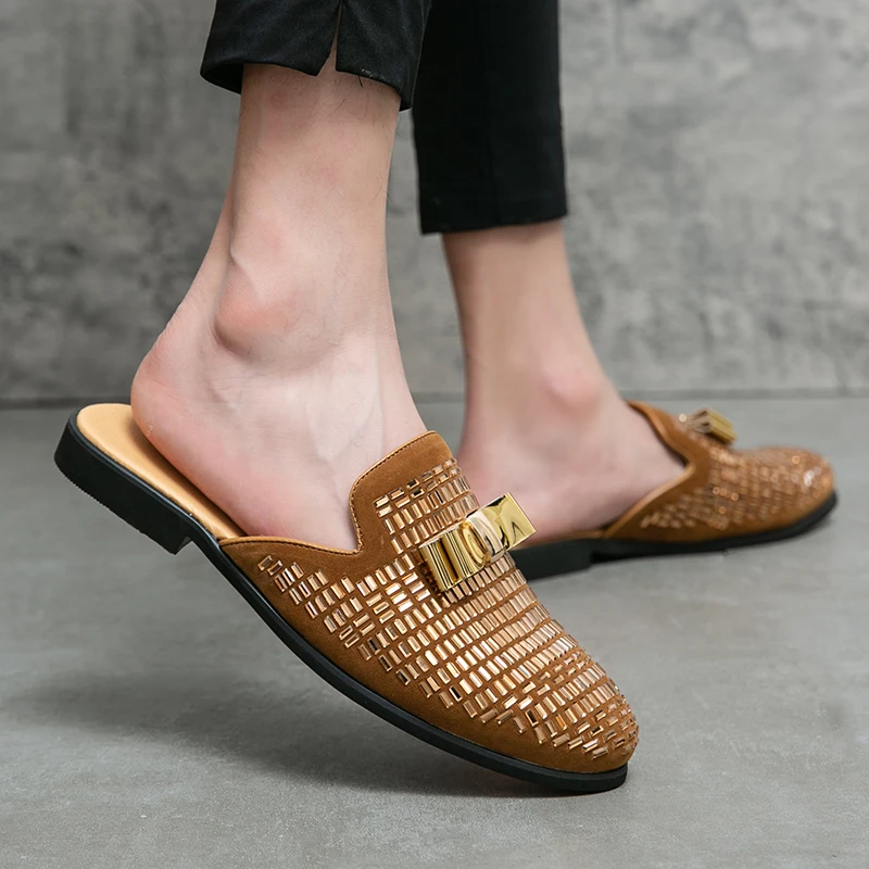 Trendy Brand Men's Comfortable Non Slip Semi Slipper Leather Shoes for Spring New Men's Sequined Breathable Hairstylist Shoes