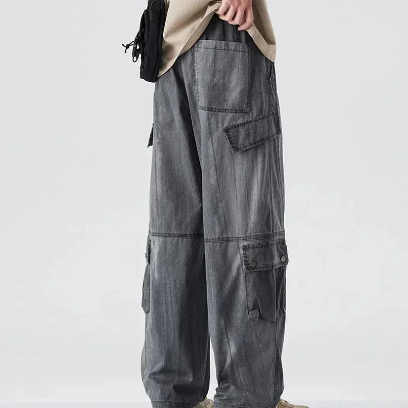 กางเกงสกปรกแฟชั่นแบรนด์หลวมขาตรงกว้างลําลองสินค้าญี่ปุ่นย้อนยุคหลายกระเป๋า