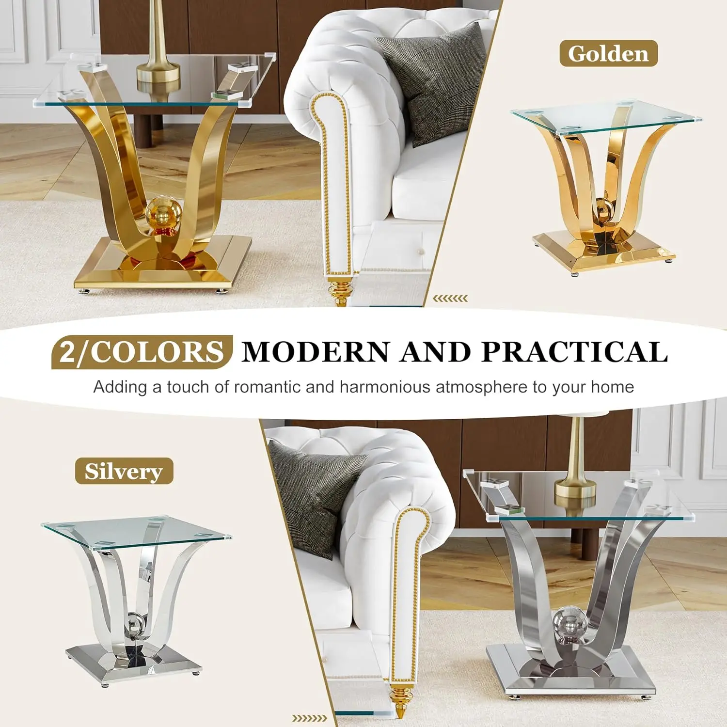 Rectangular Glass Coffee Table Set Of 3- Modern Center And 2 End Tables, Clear Tempered Glass Top With Gold Mirrored Stainless S