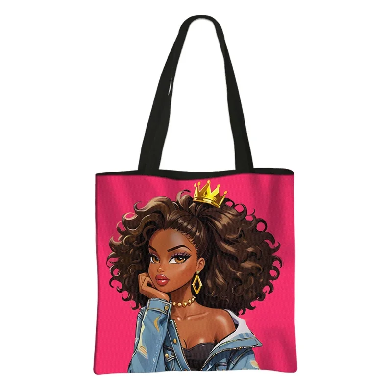 Black Women with Crown Print Women Handbag Afro Ladies Shoulder Bags Teenager Girls Tote Bag Reuseable Shopping Bag