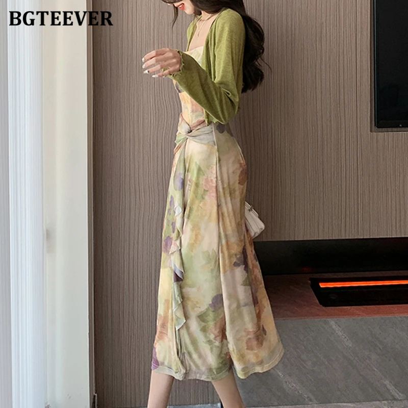 BGTEEVER Spring Summer Ladies 2 Pieces Dress Set Long Sleeve Shawl Cardigans & Floral Printed Sleeveless Package Hip Dress