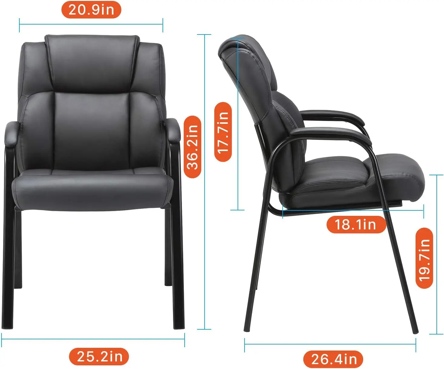 Leather Guest Chair with Padded Arm Rest for Reception Meeting Conference and Waiting Room Side Office Home Black 2 Pack