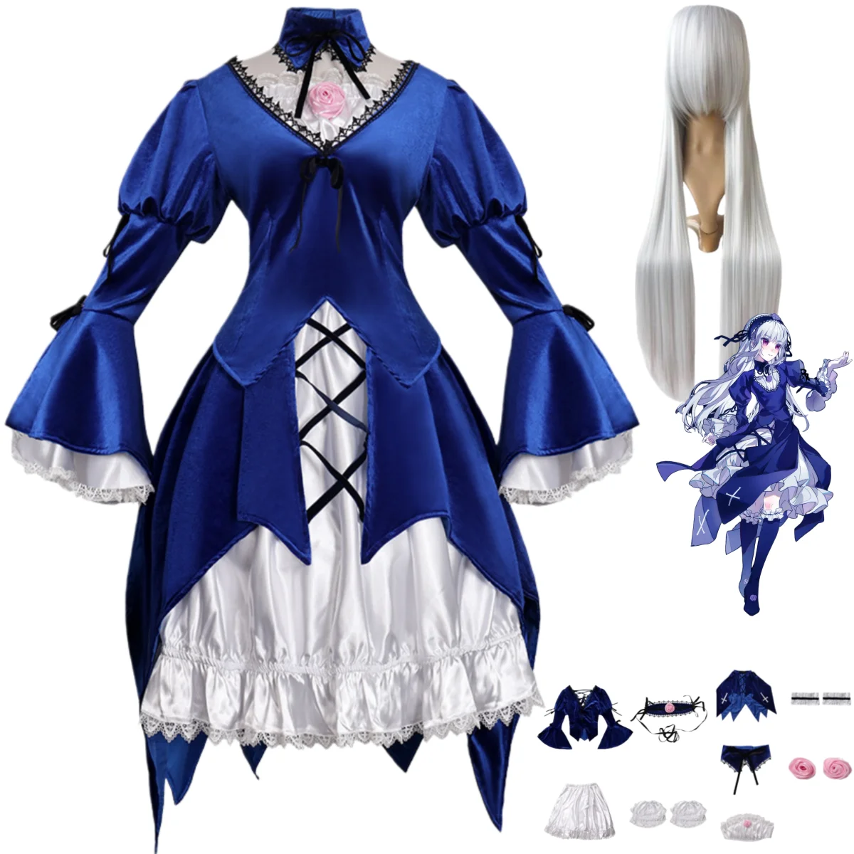 Anime Rozen Maiden Sui Gin Tou lámpara de mercurio disfraz de Cosplay vestido de noche azul falda Lolita peluca mujer Sexy lindo traje de Navidad