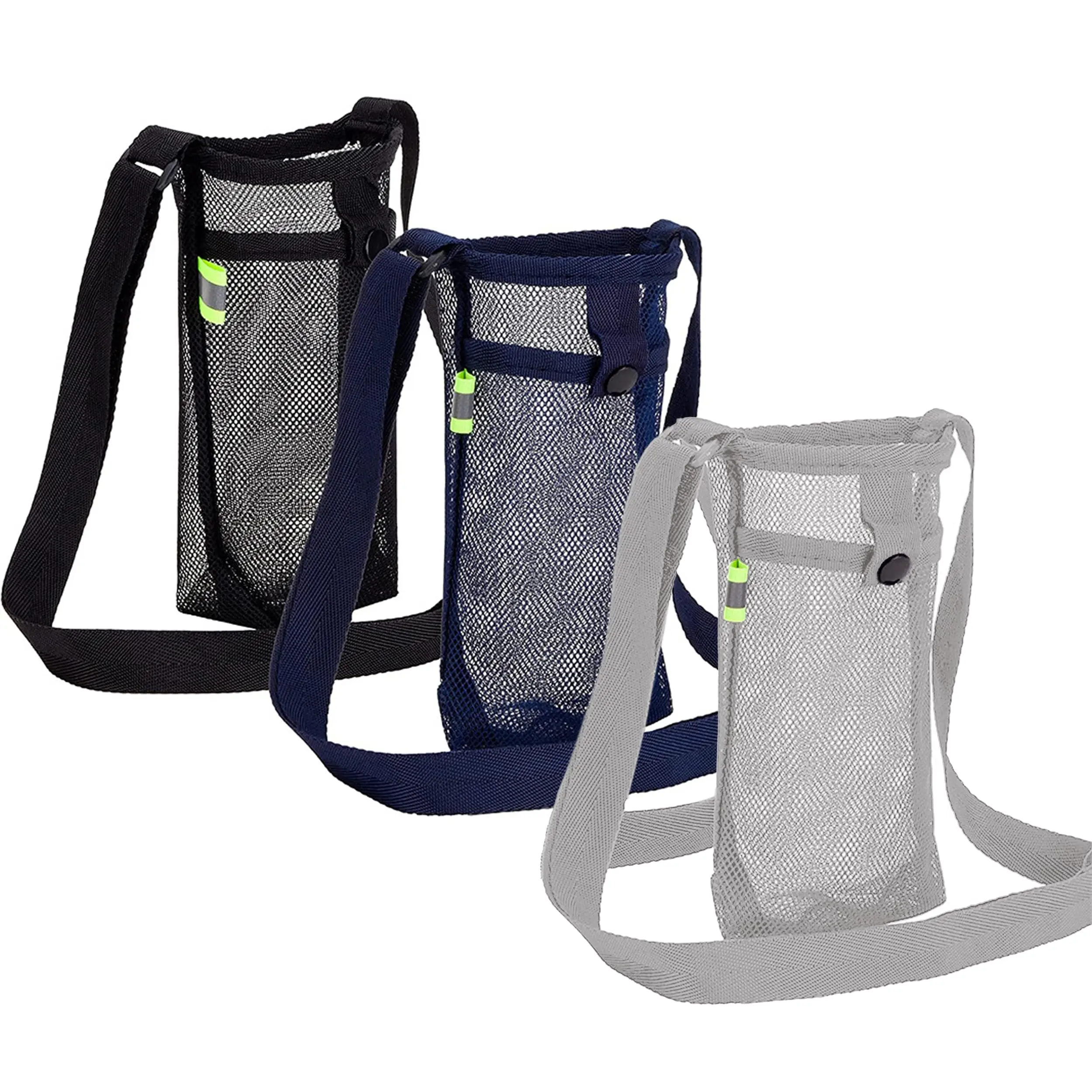 Bolsa colgante para botella de agua de tres paquetes, funda para botella de agua portátil de malla, bolsa de almacenamiento para botella de agua con correa ajustable para el hombro,